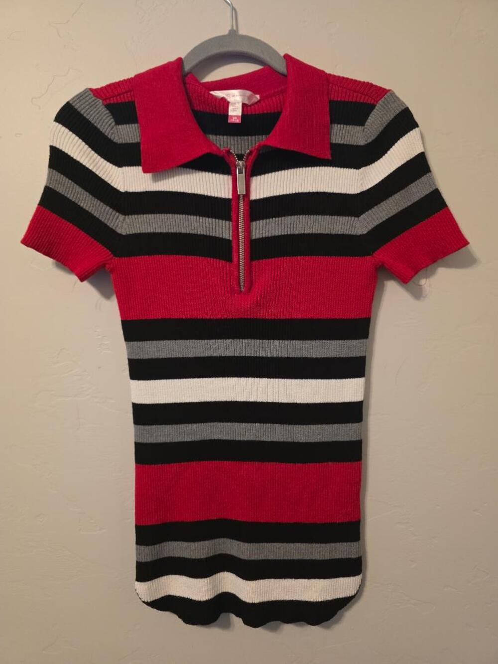 No Boundaries Striped Zip Polo Sweater Top Juniors L 11-13
